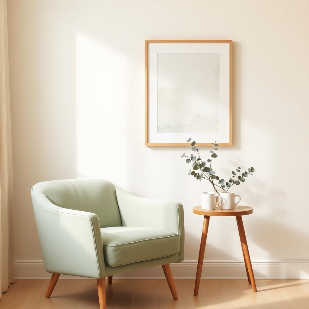 Calm sage armchair with plant in a sunlit room